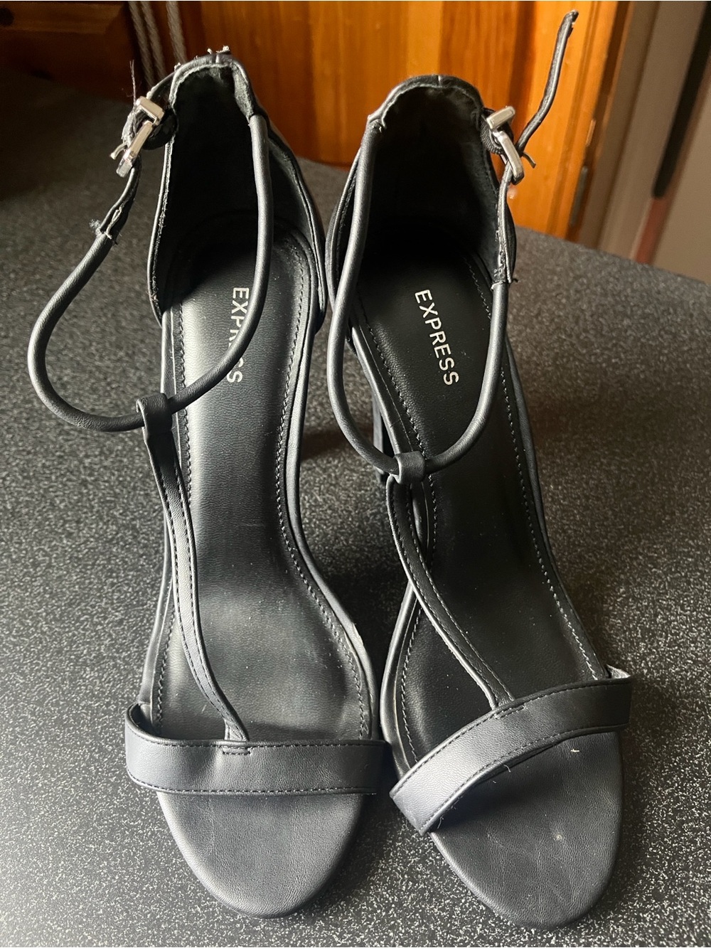 Express Black Strappy T‑Bar Heeled Sandals